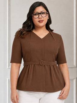 Martini - Women Brown Plus Size Formal Top with Belt