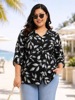 Martini - Women Black Plus Size Leaf Print Buttoned Top