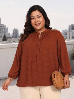 Martini - Women Rust Plus Size Dobby Raglan Western Top