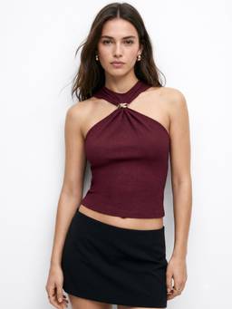 Outzidr - Wine Halter Neck Metal Buckle Fitted Crop Top
