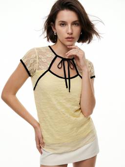 Outzidr - Butter Yellow Queen Anne Neck Tie Up Lace Top