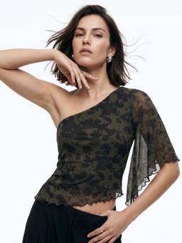 Outzidr - Olive Floral One Shoulder Bell Sleeve Top
