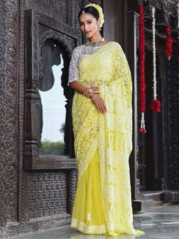 Beatitude - Yellow Hand Embroidered Chikankari Saree with Unstitched Blouse