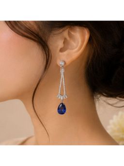 Bdiva - Rhodium Plated Blue Cubic Zirconia Drop Earrings