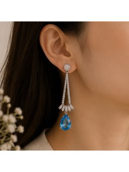 Bdiva - Rhodium Plated Blue Cubic Zirconia Drop Earrings