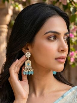Bdiva - Gold Plated Kundan Blue Pearl Drop Earrings