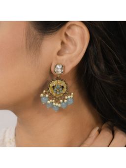 Bdiva - Gold Plated Kundan Blue Pearl Drop Earrings
