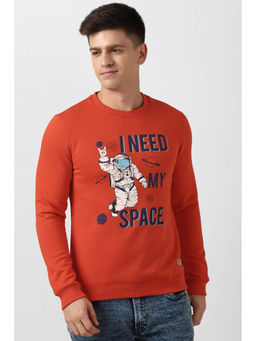 Peter England - Men Orange Printed Crew Neck Sweatshirt