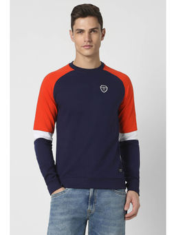 Peter England - Men Navy Blue Colorblock Crew Neck Sweatshirt