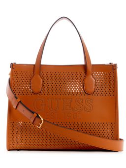 Guess - Women Brown PU Self Design Tote Bag with Detachable Strap and Inner Bag