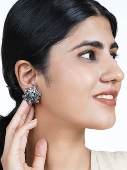 Teejh - Aashini Grey Stone Silver Oxidised Earring