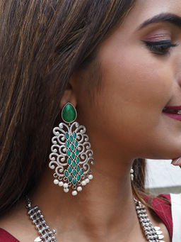 Teejh - Anvita Green and Silver Oxidised Earring