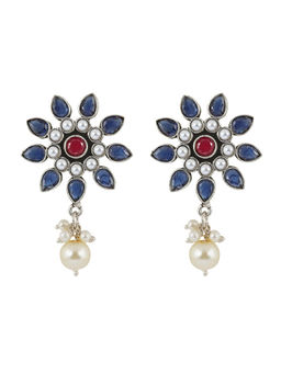 Teejh - Eesha Dark Blue and White Silver Oxidised Earring