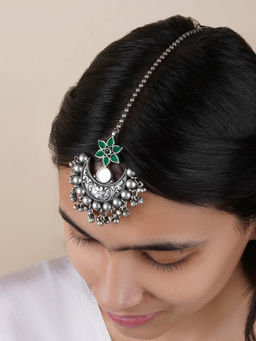 Teejh - Iditri Dark Green Silver Oxidised Maang Tika