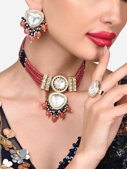 Zaveri Pearls - Multistrand Kundan Choker Necklace Earrings & Ring Set