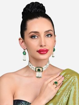 Zaveri Pearls - Green Multistrand Meenakari Necklace Earrings & Ring Set