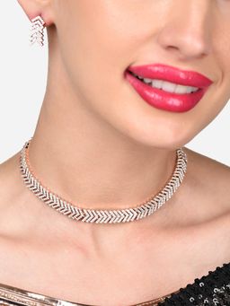 Zaveri Pearls - Rose Gold Dazzling Cz Sleek Brass Necklace & Earrings Set