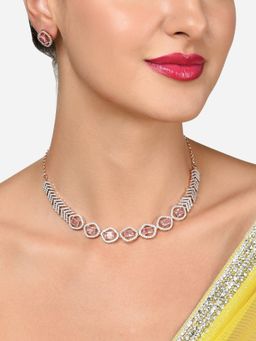 Zaveri Pearls - Pink Dazzling Cz Designer Brass Necklace & Earrings Set