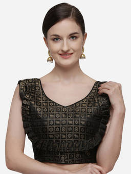 Amrutam Fab - Womens Printed Black Jacquard Stiched Blouse With V Neck