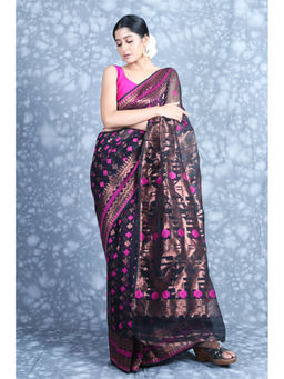CHARUKRITI - Copper Zari Weaving Black Jamdani Saree with Unstitched Blouse