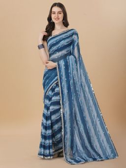 Amrutam Fab - Georgette Sequence Embroidered Printed Blue Saree with Unstitched Blouse