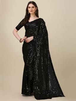 Amrutam Fab - Georgette Sequence Embroidered Work Black Saree with Unstitched Blouse