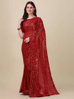 Amrutam Fab - Georgette Sequence Embroidered Work Maroon Saree with Unstitched Blouse