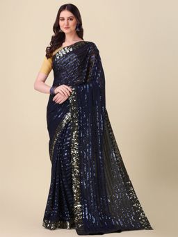 Amrutam Fab - Georgette Sequence Embroidered Work Navy Blue Saree with Unstitched Blouse