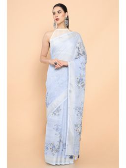 Soch - Women Blue Linen Floral Saree with Unstitched Blouse