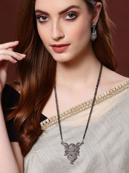 PANASH - Oxidized Silver-Plated Magenta-Pink Green Stone-Studded Mangalsutra With Earrings