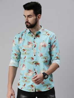 SHOWOFF - Men Casual Slim Collar Blue Floral Shirt