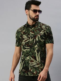 SHOWOFFFF - Men Casual Cotton Printed Slim Fit Shirts-olive