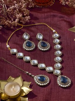 Zaveri Pearls - Blue Stones Diamonds Antique Necklace Earring Maangtikka Set-Zpfk21935