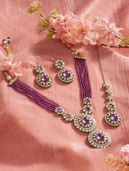 Zaveri Pearls - Purple Stones Beads Necklace Earring And Maangtikka Set-Zpfk21939