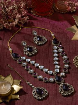 Zaveri Pearls - Purple Stones Diamonds Necklace Earring And Maangtikka Set-Zpfk21943