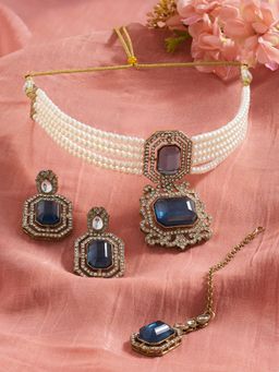 Zaveri Pearls - Blue Stones Pearl Multistrand Necklace Earring Maangtikka Set-Zpfk21948