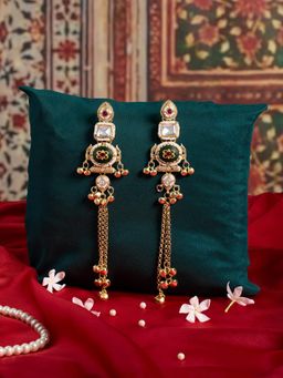 Zaveri Pearls - Green Pink Stones Kashmiri Long Ghungroo Dangler Earrings-Zpfk21950