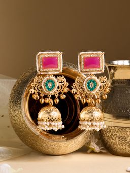 Zaveri Pearls - Pink Green Stones And Ghungroo Embellished Jhumka Earring-Zpfk21988