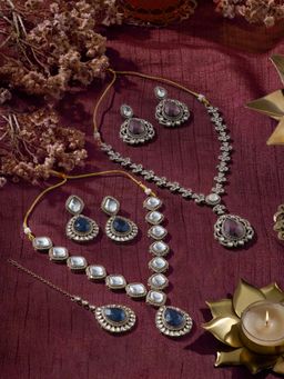 Zaveri Pearls - Pack Of 2 Blue Purple Stones Necklace Earring Maangtikka Set-Zpfk22069