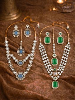 Zaveri Pearls - Pack Of 2 Blue Green Stones Necklace Earring Maangtikka Set-Zpfk22071