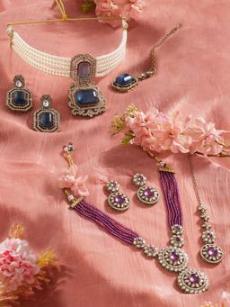 Zaveri Pearls - Pack Of 2 Blue Purple Stones Necklace Earring Maangtikka Set-Zpfk22072