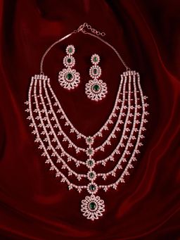 Zaveri Pearls - Green Cubic Zirconia Multilayer Bridal Necklace And Earring Set-Zpfk22081