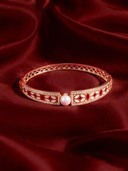Zaveri Pearls - Red And Off White Enamel Cubic Zirconia Brass Kada Bracelet-Zpfk22096