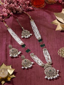 Zaveri Pearls - Pink Green Beads Stones Necklace Earring And Maangtikka Set-Zpfk22102