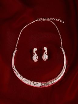 Zaveri Pearls - Rose Gold Cubic Zirconia Contemporary Necklace And Earring Set-Zpfk22145