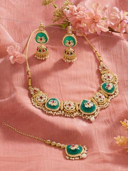 Zaveri Pearls - Green Pink Stones Bead Kundan Necklace Earring Maangtikka Set-Zpfk22154