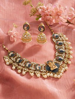 Zaveri Pearls - Grey Pink Parrot And Temple Inspired Necklace Earring Set-Zpfk22155