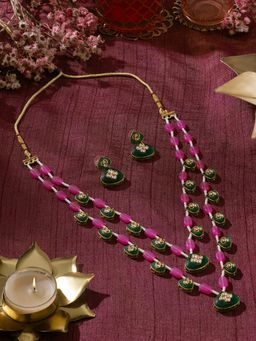 Zaveri Pearls - Green Stones Pink Beads Layered Necklace And Earring Set-Zpfk22161