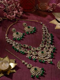 Zaveri Pearls - Green Stones Beads Kundan Necklace Earring And Maangtikka Set-Zpfk22220