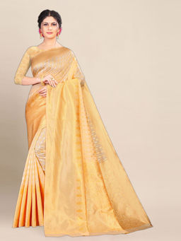 Anjaneya Sarees - Beige Woven Designer Banarasi Silk Kanjivaram Saree with Unstitched Blouse